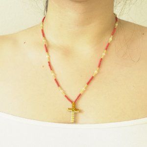 Mexican Handmade Beaded Crucifix 10" Necklace
